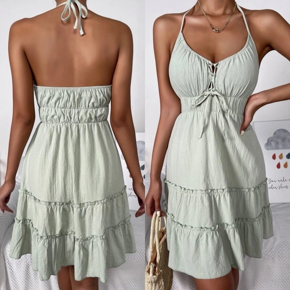 Halter tie back ruffle tiered mini dress boho gypsy black - Picture 3 of 4